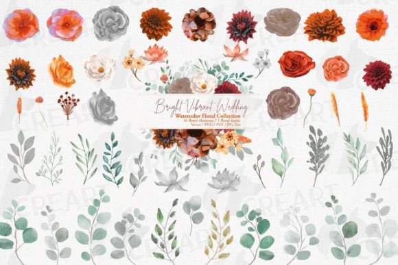 Colours of Autumn Flowers and Eucalyptus: Graphics for Print Templates