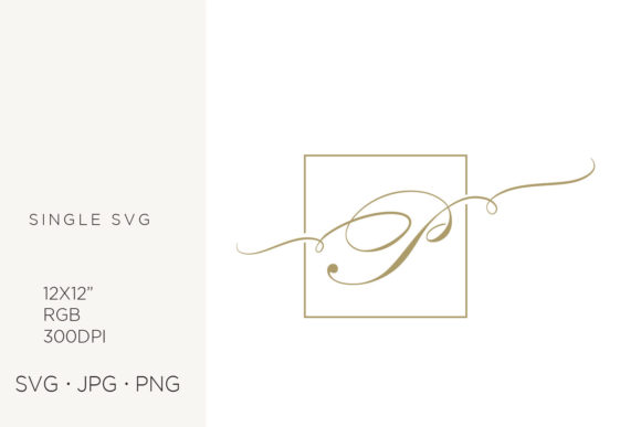 Gold Script Letter P Inside Square Frame Graphics