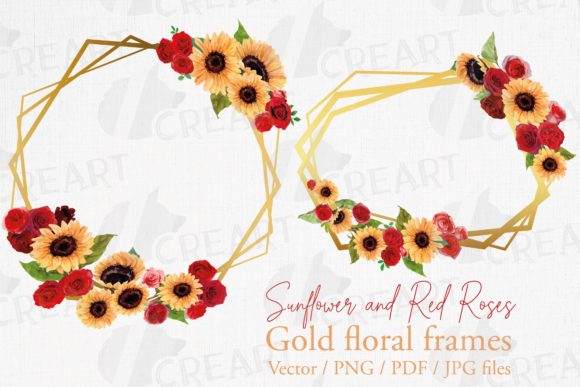 Sunflower Red Roses Golden Wire Frames Graphics
