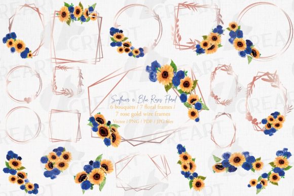 Sunflowers Blue Roses Bouquets Frames Graphics