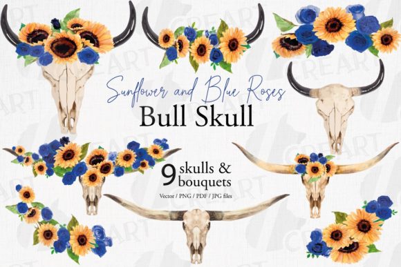 Sunflowers Blue Roses Floral Bull Skull Graphics